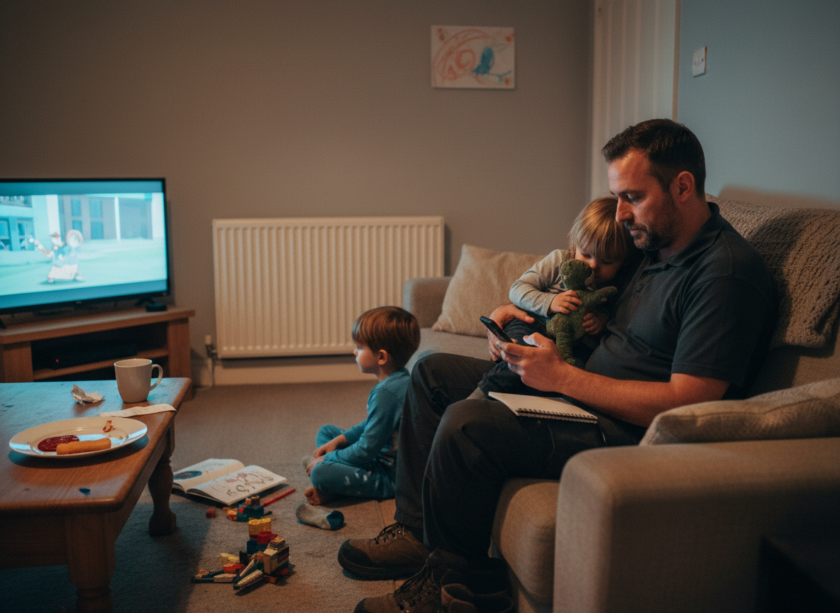 Tradesman on the sofa with his kids — quoting done before he walked through the door.