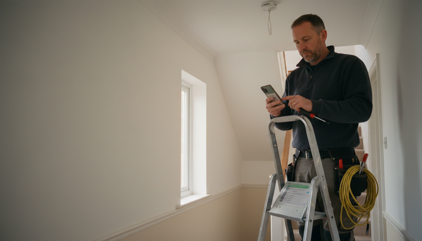 Decorator on a stepladder, mid-job, drafting a quote on his phone.