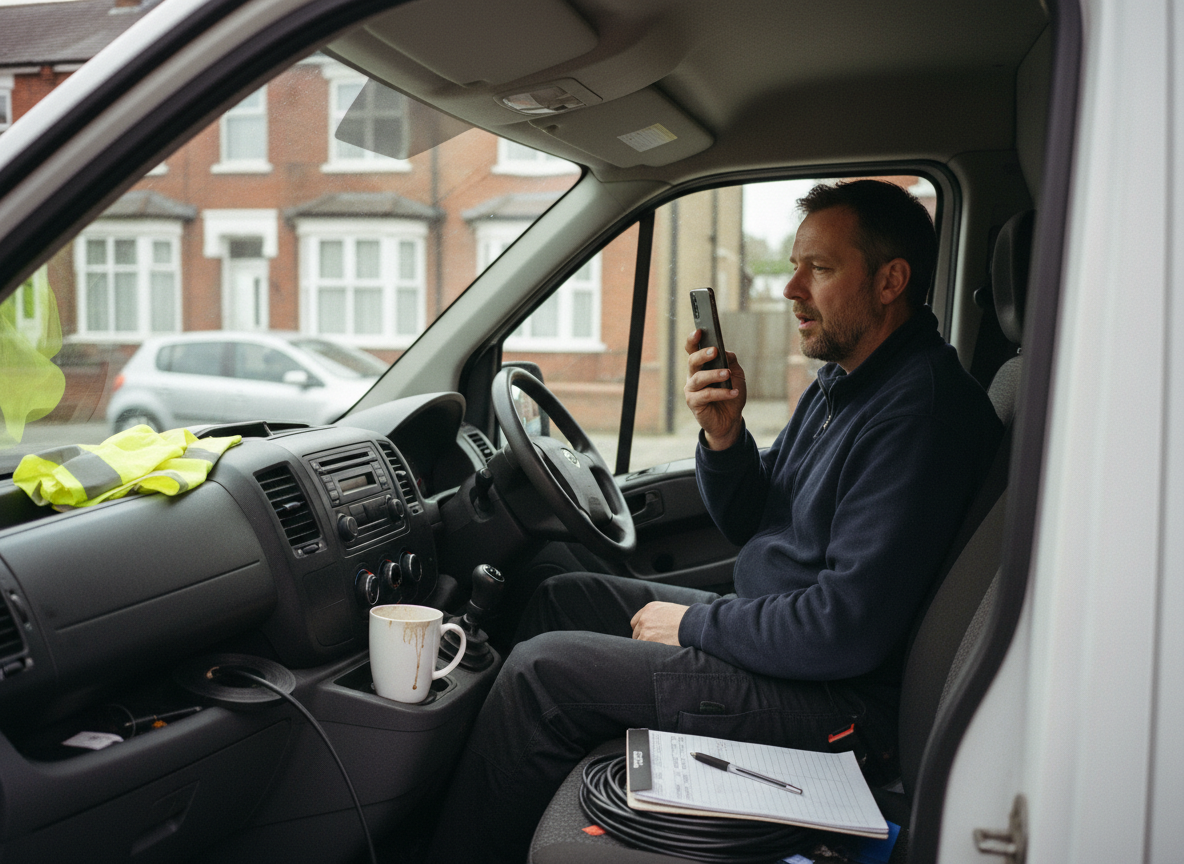 Tradesman in his van, sending a voice note before pulling away.
